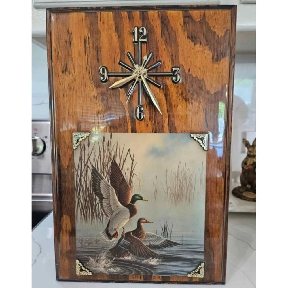 Vintage Mallard Duck Wall Clock with Foil Art Print and Wood Frame